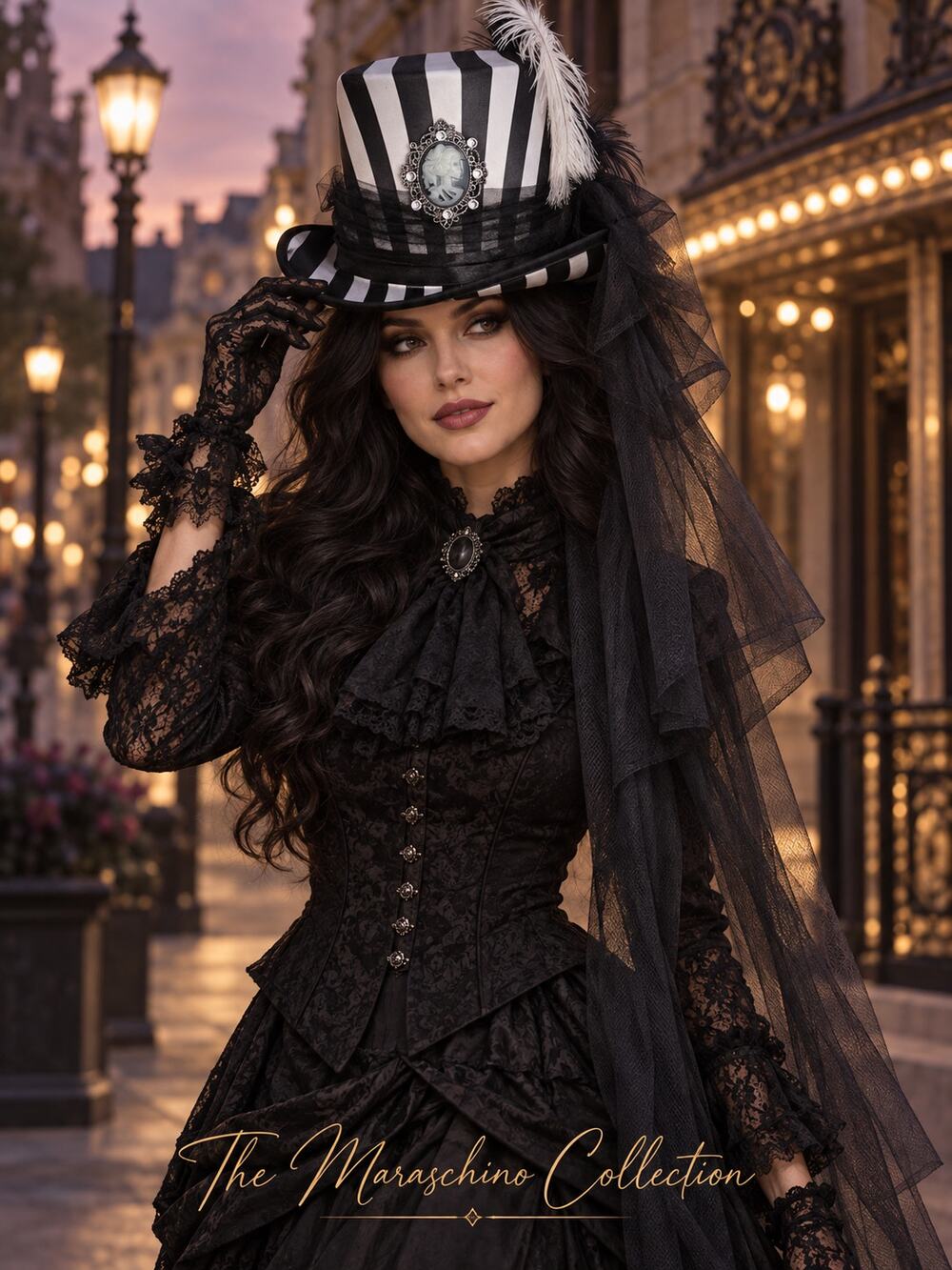 Black White Striped Top Hat Victorian Goth Steampunk Halloween Costume Cameo